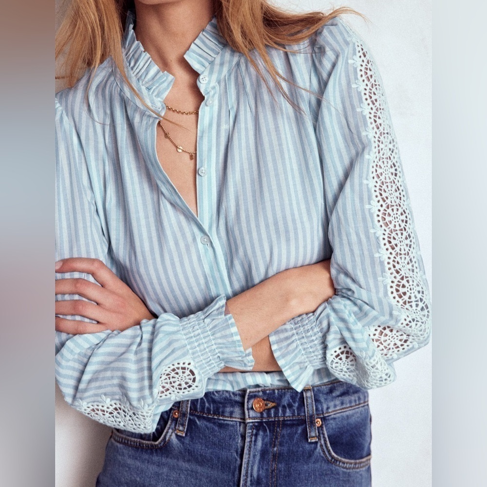Boden Lorna Pleated Cotton Top Light Blue Striped with Lace Sleeves Classic